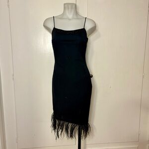 Vintage 90s Black Beaded Mesh Asymmetrical Feather Trim Cocktail Mini Dress